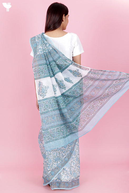 Kota Doria Saree In Floral Block Print